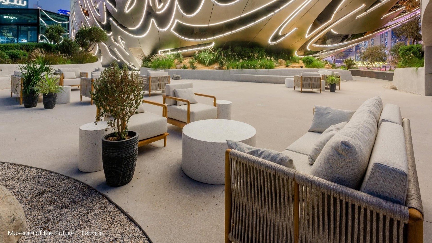 Nakkash Contract Dubai – premium commercial museum outdoor furniture set with sofa armchair coffee tables